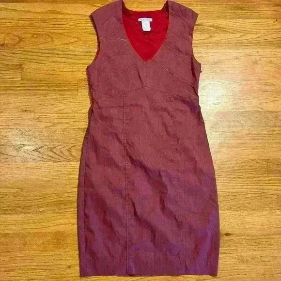 Sarah Pacini Red Linen Dress Size 1 Italy US 6 V Neck Satin Lagenlook Cocktail - Picture 1 of 5